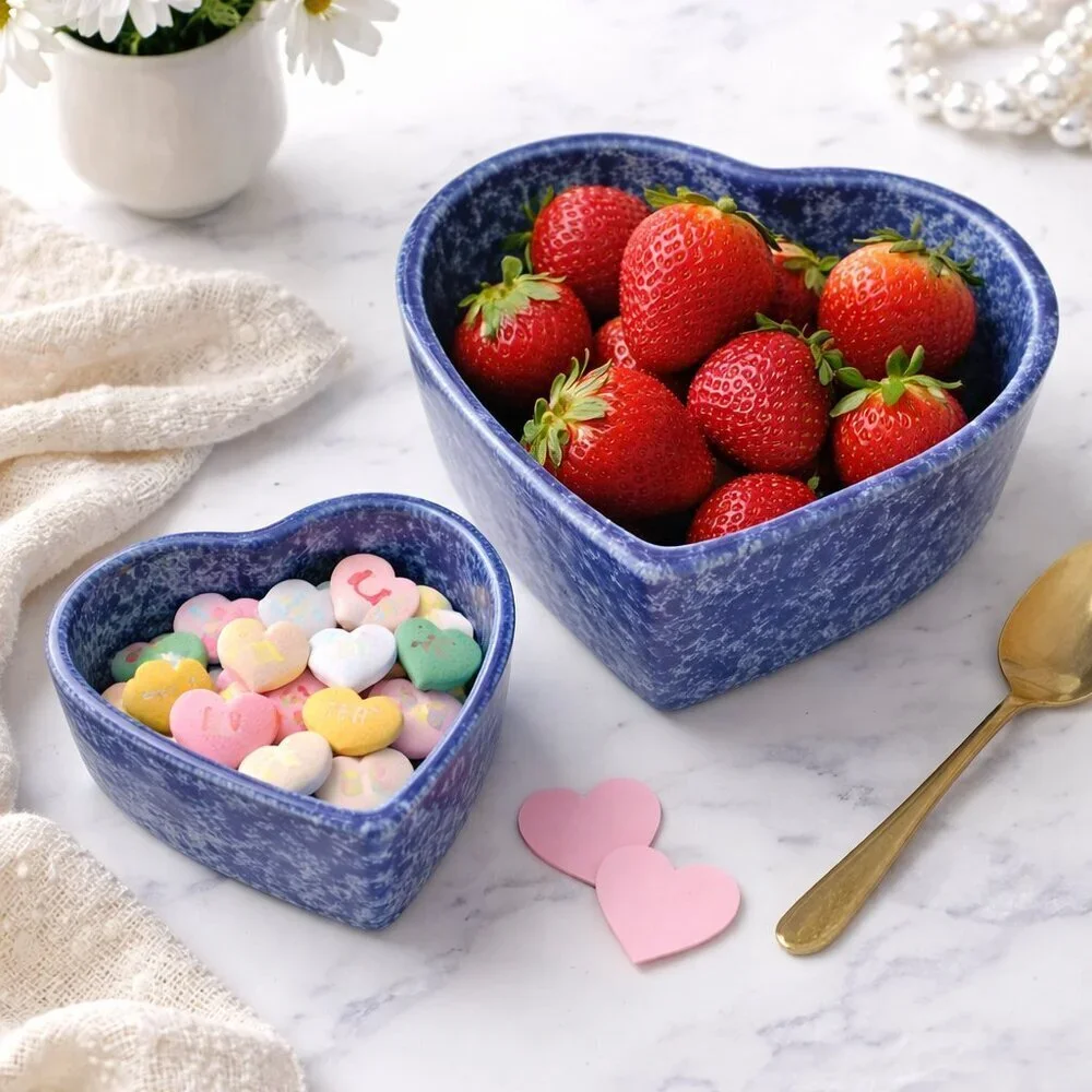 Cache Stoneware Blue Heart Bowls | Made in Portugal | Set of 2
